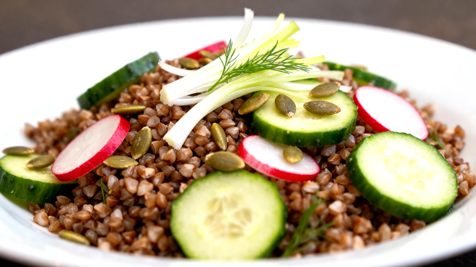 Insalata di grano saraceno con cetrioli, ravanelli, finocchio e semi di zucca"