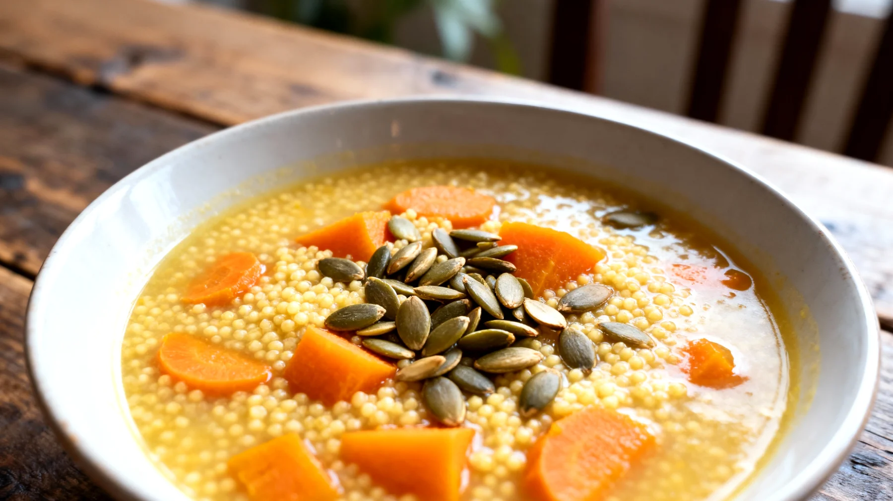 Zuppa di miglio con carote, zucca e semi di zucca tostati"