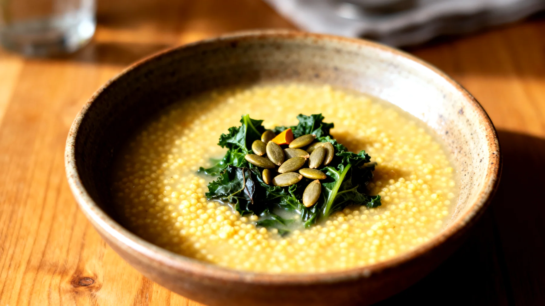 Zuppa di miglio con verdure amare e semi di zucca"