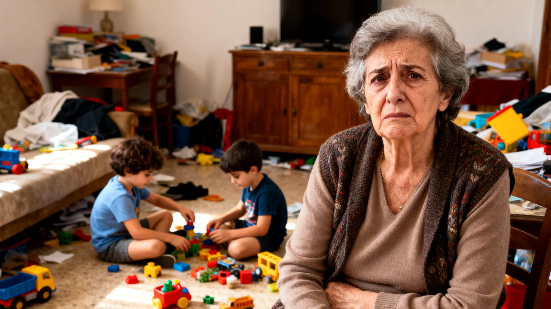 Nonna che fatica a ottenere la collaborazione dei nipoti bambini nelle attività quotidiane come riordinare i giochi, apparecchiare o prepararsi per uscire, con conseguente senso di frustrazione e sovraccarico"