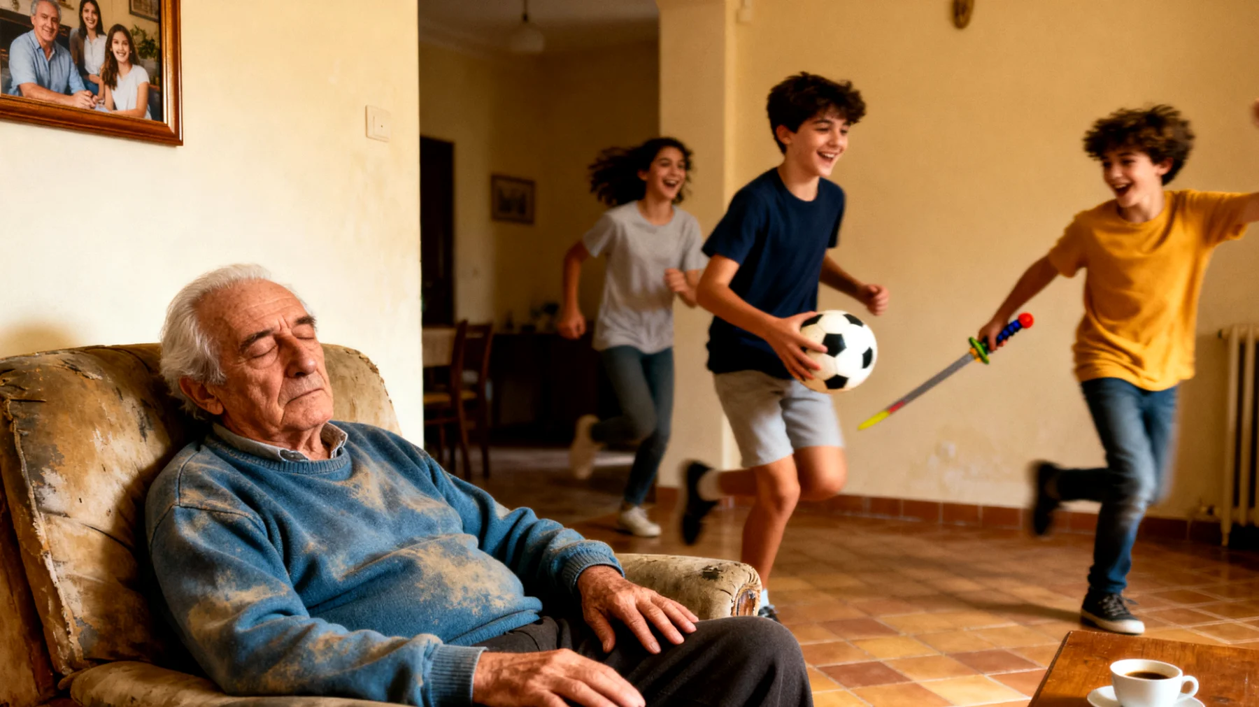 Il nonno si sente costantemente stanco e privo di energie sufficienti per seguire i nipoti adolescenti nelle loro attività, gestire i loro ritmi frenetici e rispondere alle loro esigenze, vivendo un senso di inadeguatezza nel ruolo di supporto familiare"
