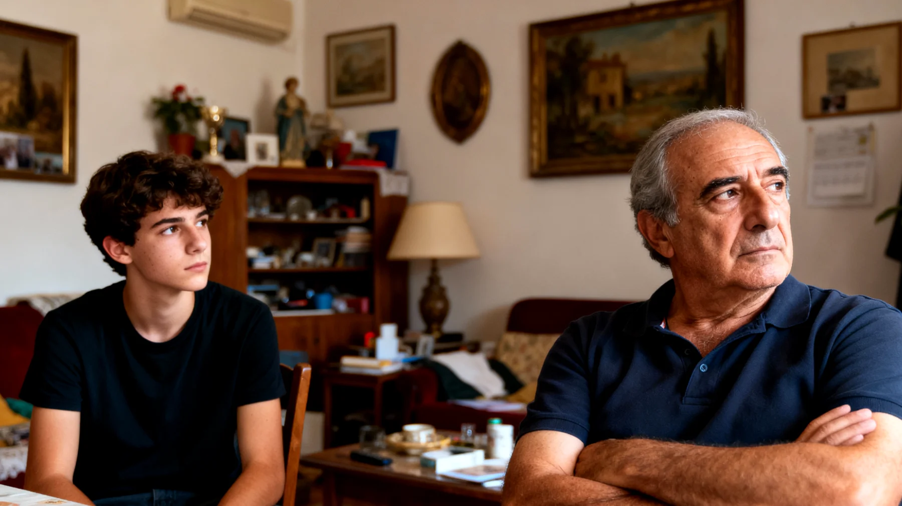 Papà che fatica a instaurare un dialogo affettivo profondo con i figli giovani adulti, limitandosi a conversazioni pratiche e superficiali, rischiando di perdere il contatto emotivo in una fase delicata di transizione verso l'indipendenza"