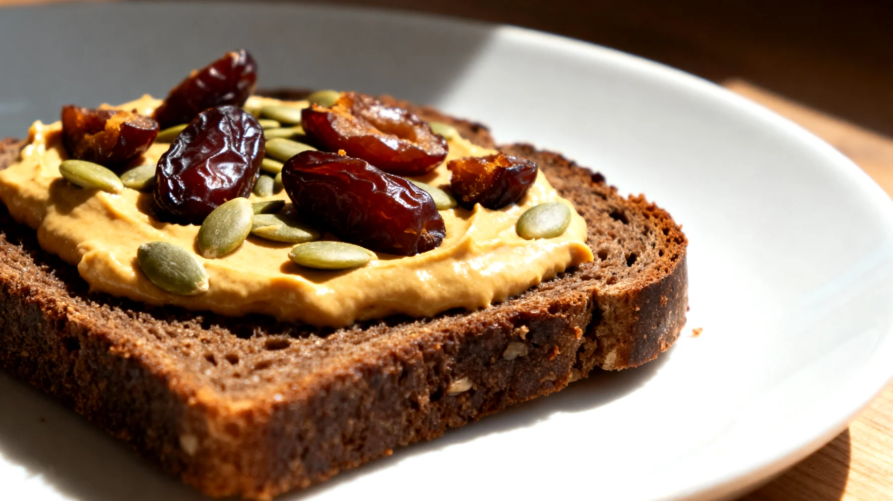 Pane di segale integrale con crema di semi di zucca e datteri"