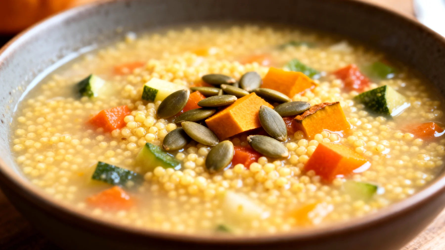 Zuppa di miglio con verdure e semi di zucca"