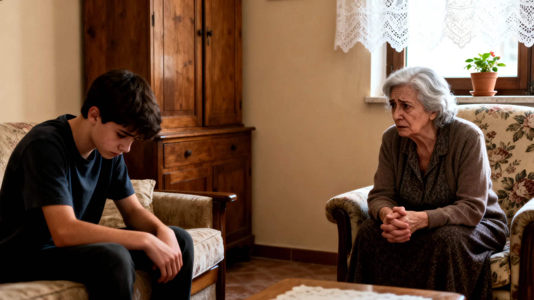 Nonna che fatica a gestire le crisi emotive e gli sbalzi d'umore dei nipoti adolescenti, senza sapere come aiutarli ad esprimere rabbia, ansia o tristezza in modo sano"