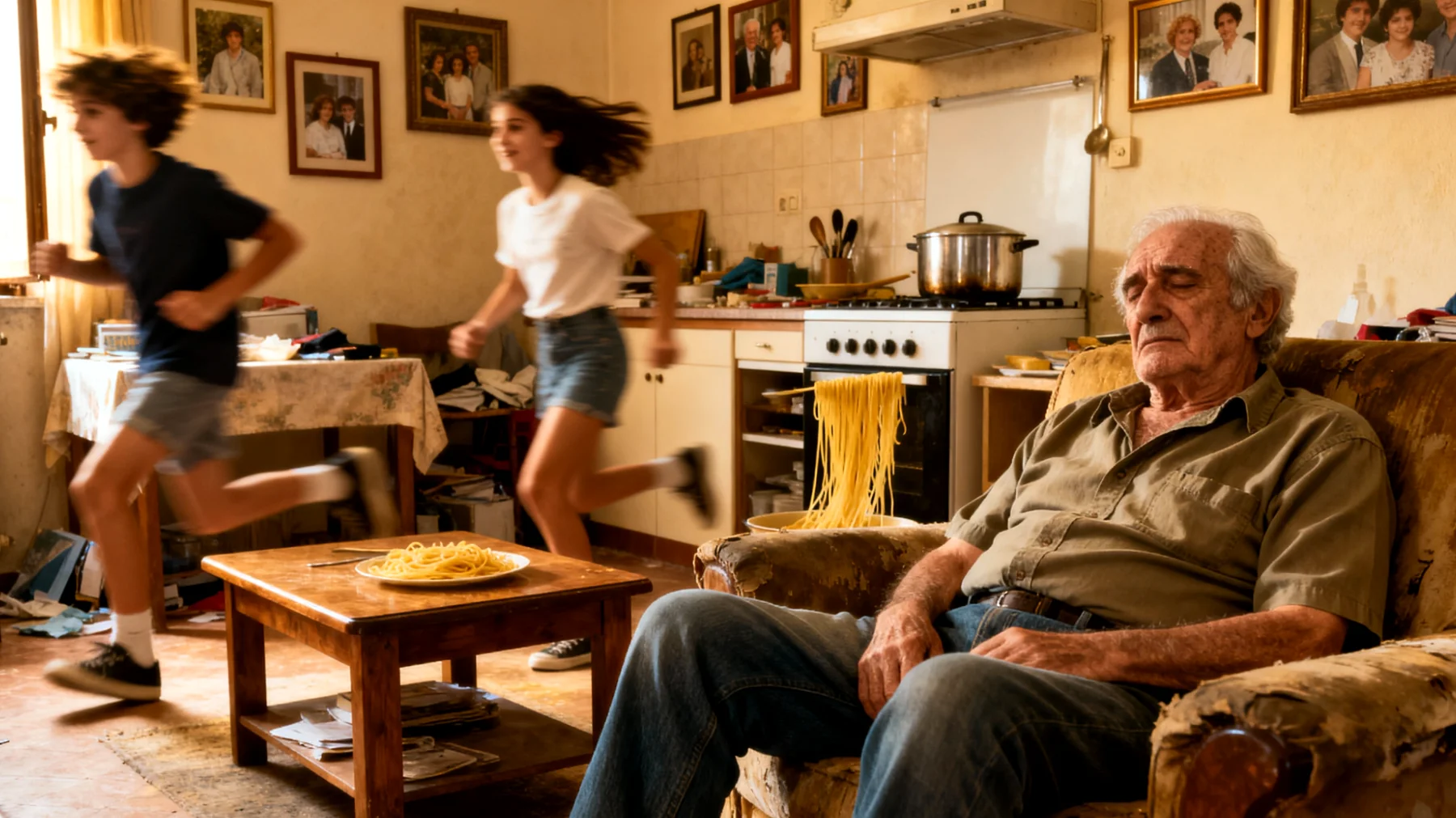 Il nonno si sente fisicamente e mentalmente esausto nel seguire nipoti adolescenti molto attivi e con ritmi di vita frenetici, faticando a tenere il passo con le loro energie e necessità, e non riuscendo a ritagliarsi momenti di riposo adeguati"