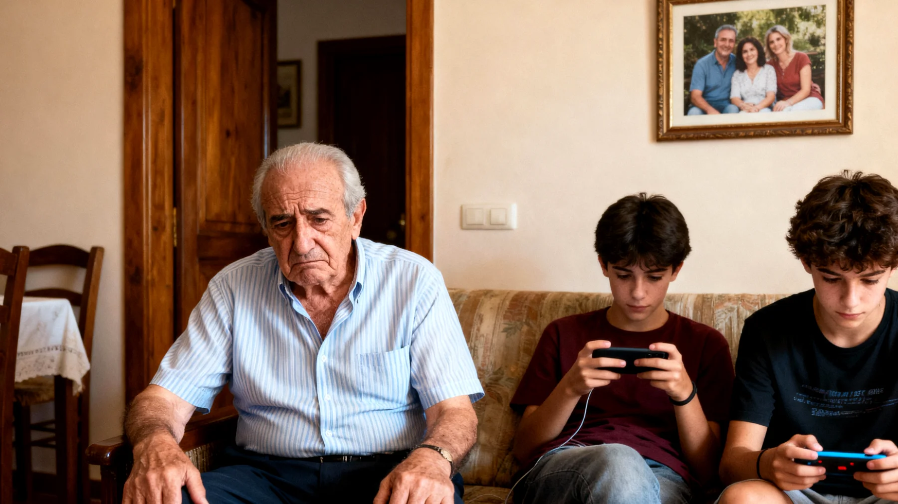 Il nonno fatica a gestire il tempo che i nipoti adolescenti trascorrono costantemente sullo smartphone e ai videogiochi durante le visite, sentendosi ignorato e preoccupato per la loro dipendenza dalla tecnologia"